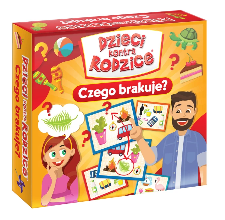 Gra Dzieci kontra Rodzice Czego brakuje KANGUR - pudełko i zestaw kolorowych kart do gry
