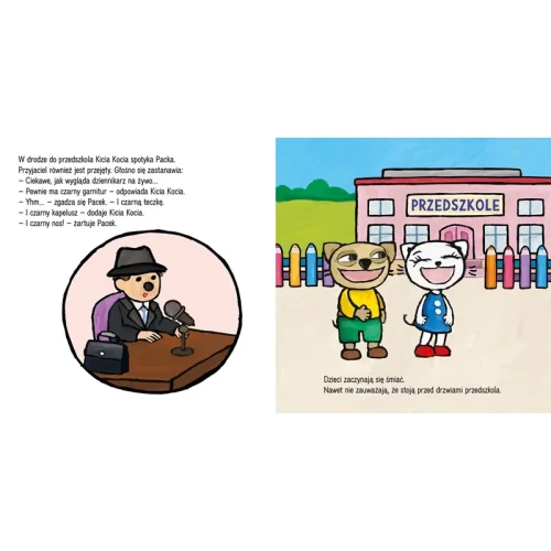 Ilustracja z książki Kicia Kocia ratuje boisko pokazująca Kicię Kocię i Packa podczas rozmowy