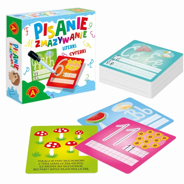 Zestaw Pisanie i zmazywanie Mini – Literki i Cyferki — szczegół planszy z literami i cyframi ALEXANDER