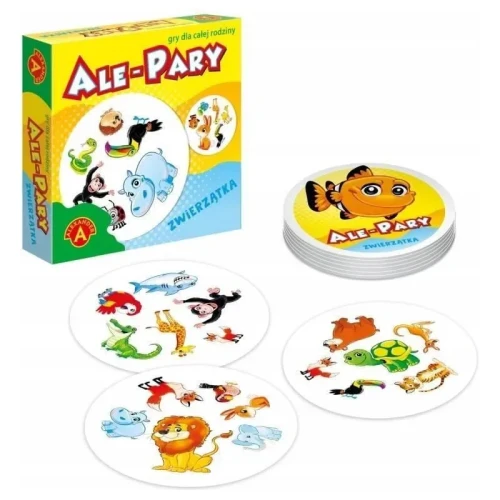 Zestaw 31 okrągłych kart gry Mini Ale Pary Zwierzątka ALEXANDER – widok kart i opakowania