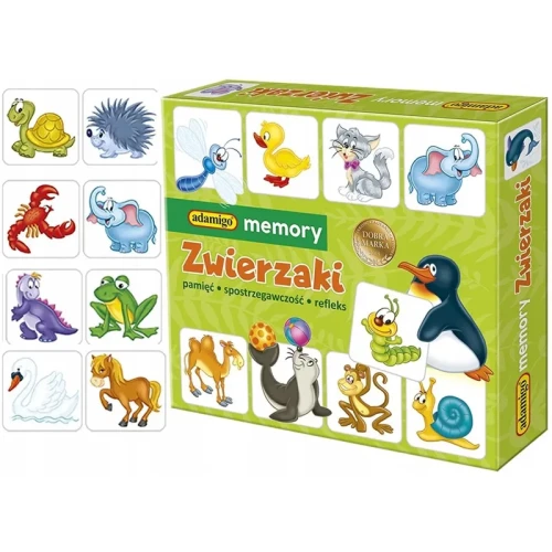 Zbliżenie na kartoniki Memory Zwierzaki ADAMIGO z ilustracjami zwierząt