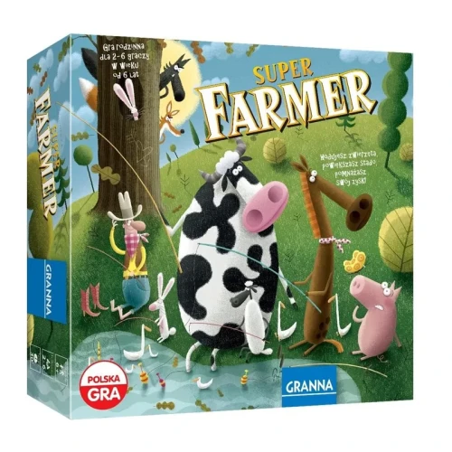 Gra Superfarmer z Rancha GRANNA — pudełko i plansza z ilustracjami Piotra Sochy