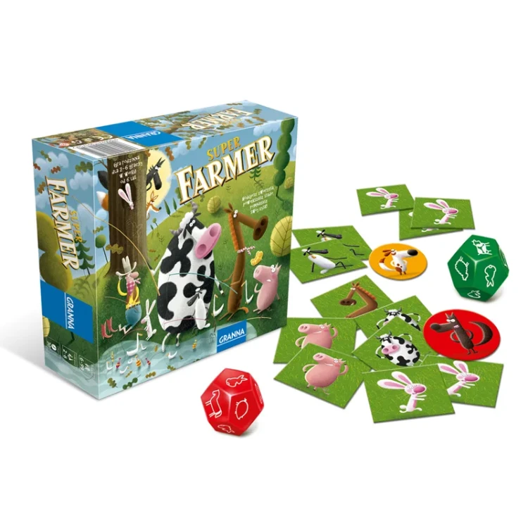 Żetony zwierząt i dwie dwunastościenne kostki w grze Superfarmer z Rancha