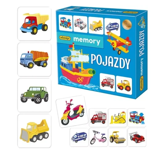 Memory pojazdy ADAMIGO - rozłożone tafelki z ilustracjami pojazdów