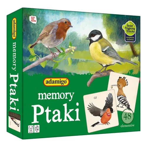 Gra Memory ptaki ADAMIGO pudełko i karty do gry z ilustracjami ptaków Polski