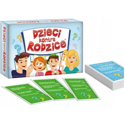 Zbliżenie na karty pytań i karty pułapki z gry Dzieci kontra rodzice KANGUR