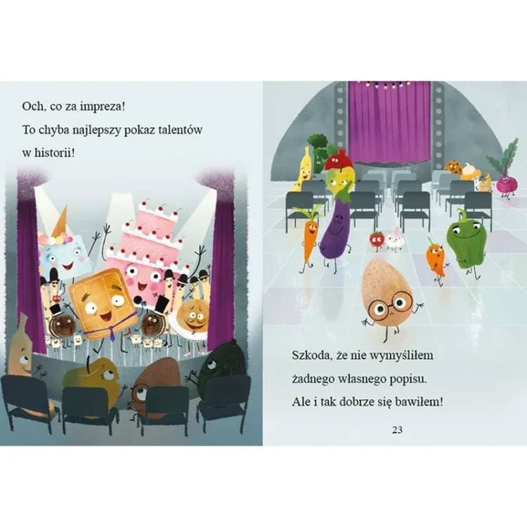 Kolorowe ilustracje z książki Wzorowe Jajo i pokaz talentów prezentujące postacie z serii Smaczna Banda
