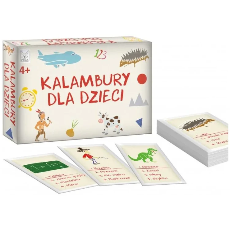 Ilustracje haseł na kartach gry Kalambury dla dzieci marki Kangur