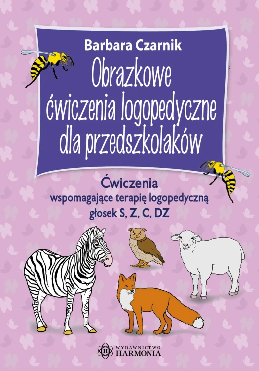Obrazkowe ćwiczenia logopedyczne dla przedszkolaków HARMONIA okładka książki z ilustracjami