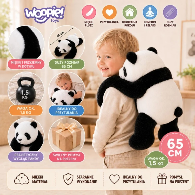 Zbliżenie tkaniny pluszaka Panda pokazujące miękkość i fakturę materiału zapewniającą komfort przy przytulaniu