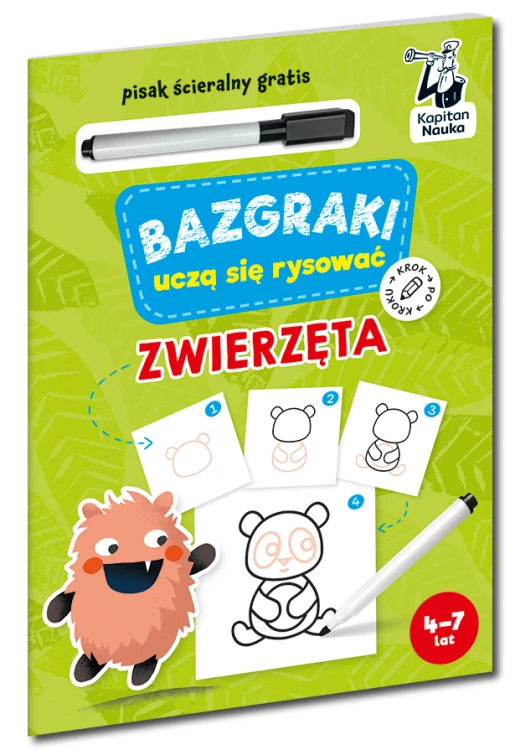 Książeczka Bazgraki do nauki rysowania zwierząt krok po kroku z pisakiem ścieralnym