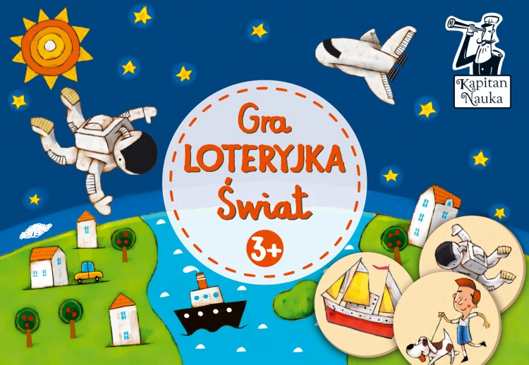 Gra edukacyjna Loteryjka Świat Kapitan Nauka – plansza i żetony w kolorowej oprawie