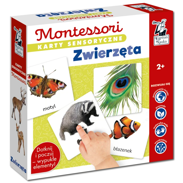 Karty sensoryczne Zwierzęta Kapitan Nauka Montessori z realistycznymi ilustracjami i dotykowymi elementami