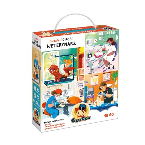 Kolorowa ilustracja puzzli Co robi Weterynarz 60 elementów marki CZUCZU przedstawiająca przychodnię weterynaryjną