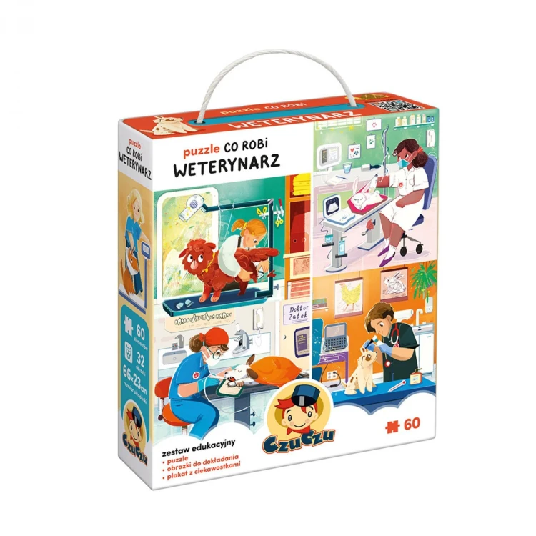 Kolorowa ilustracja puzzli Co robi Weterynarz 60 elementów marki CZUCZU przedstawiająca przychodnię weterynaryjną