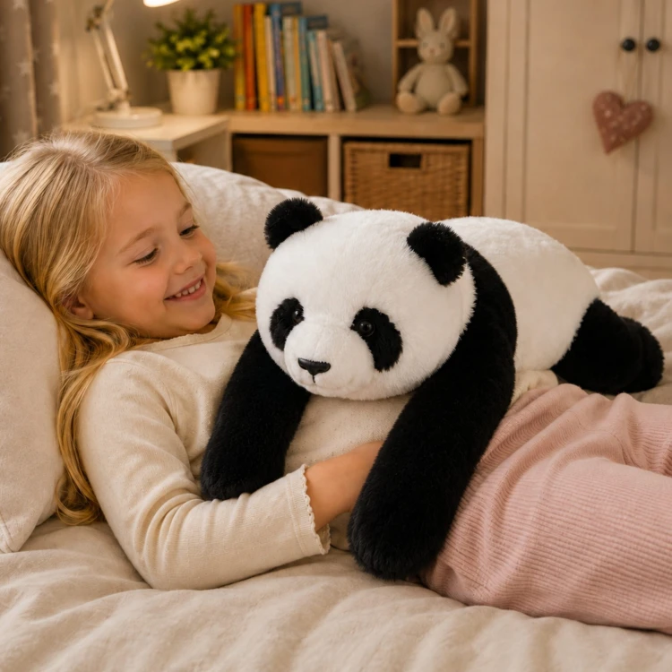 Panda leżąca na boku prezentująca kształt i proporcje pluszaka oraz sposób rozłożenia obciążenia w ciele przytulanki