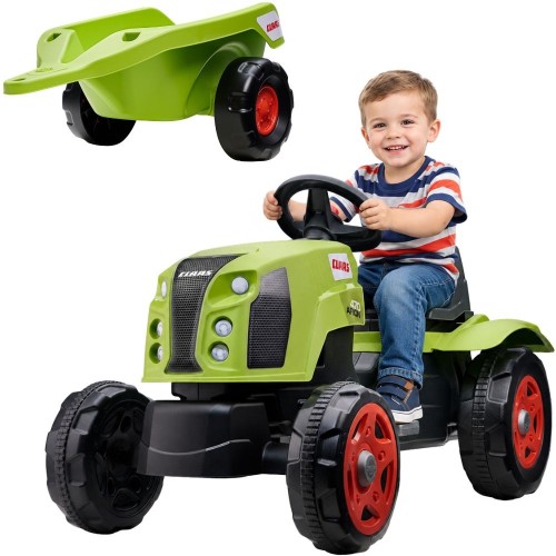 Traktor na pedały Claas Arion 470 FALK widok z przodu i boku, pokazujący szczegóły konstrukcji i pedałów