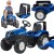 Niebieski traktor na pedały New Holland T8 marki FALK z przyczepą na tle zielonej trawy