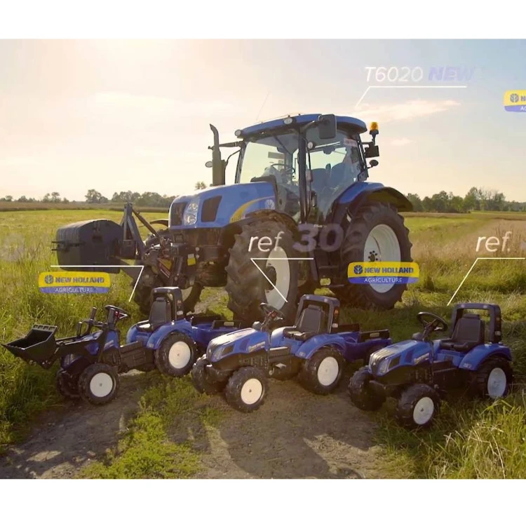 Dziecko pedałujące na traktorze New Holland T8 FALK na świeżym powietrzu