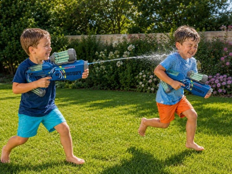 Boczny widok futurystycznego pistoletu na wodę WOOPIE MERCURY 02 podczas zabawy