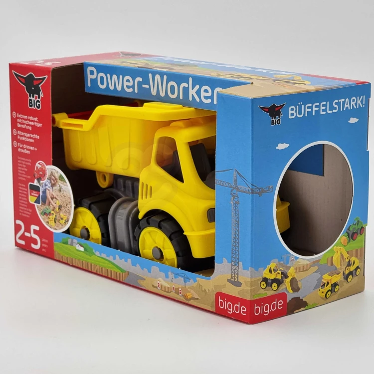 Zbliżenie na intensywny żółty kolor i detale wywrotki BIG Power Worker Mini