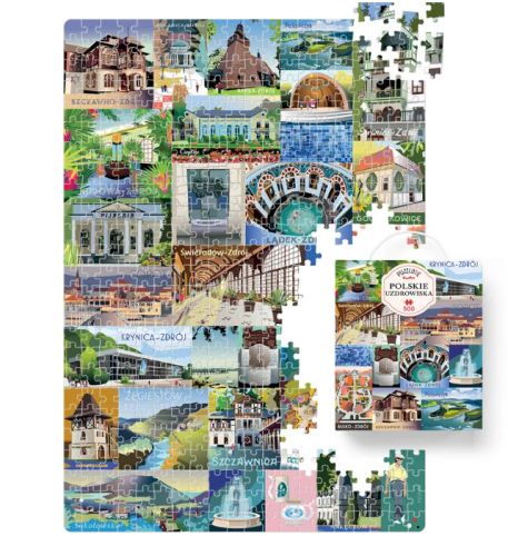 Plakat ułatwiający układanie puzzli Polskie uzdrowiska CZUCZU z mapą miejsc