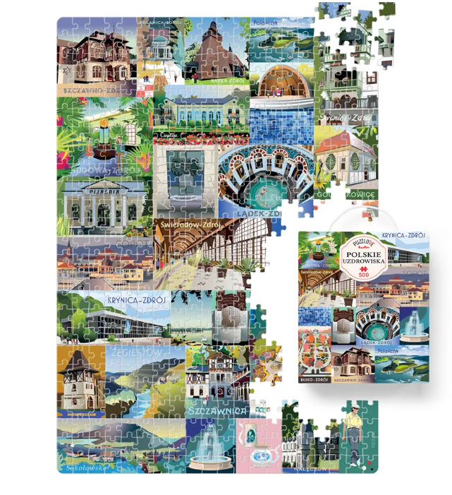 Plakat ułatwiający układanie puzzli Polskie uzdrowiska CZUCZU z mapą miejsc