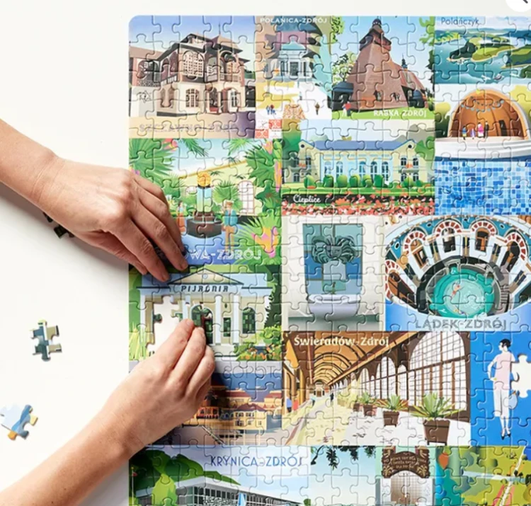 Zbliżenie na elementy puzzli Polskie uzdrowiska CZUCZU ukazujące detale ilustracji