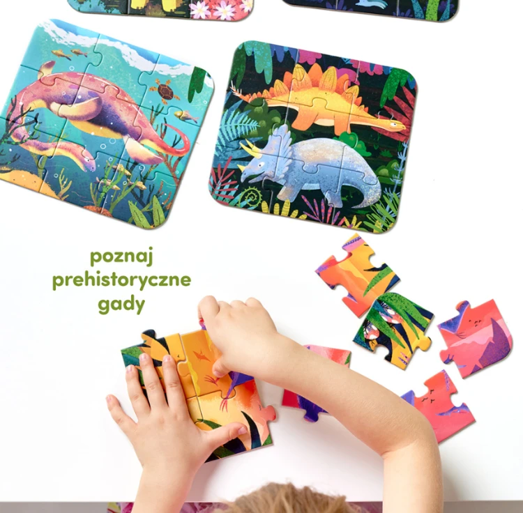 Widok elementów puzzli Fantastyczne Dinozaury CZUCZU z 5 układankami
