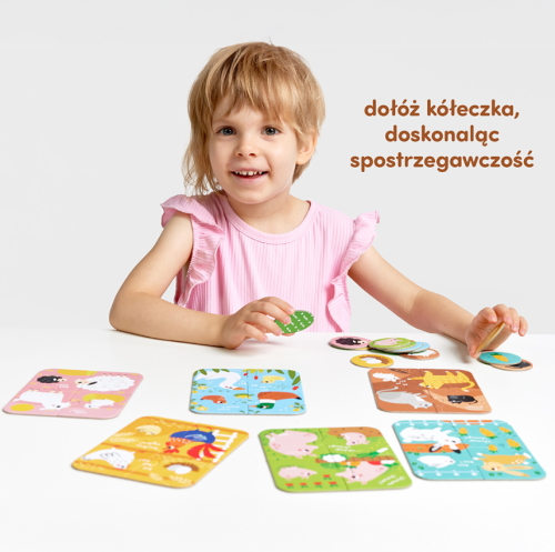 Zbliżenie na elementy i żetony puzzli Zwierzęta małe i duże CZUCZU – kolorowe ilustracje i prosty format
