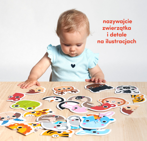 Dwuelementowe układanki z zestawu Pierwsze Puzzle Buzie CZUCZU – zbliżenie na elementy i ilustracje