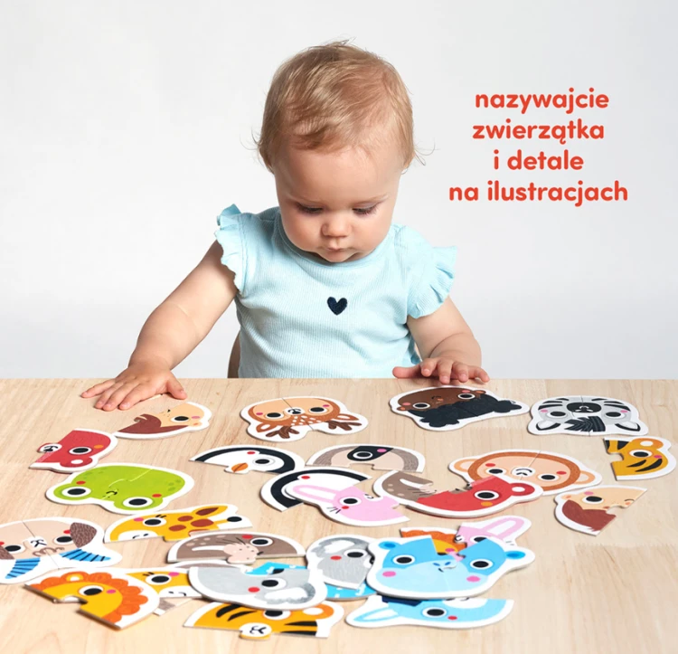 Dwuelementowe układanki z zestawu Pierwsze Puzzle Buzie CZUCZU – zbliżenie na elementy i ilustracje