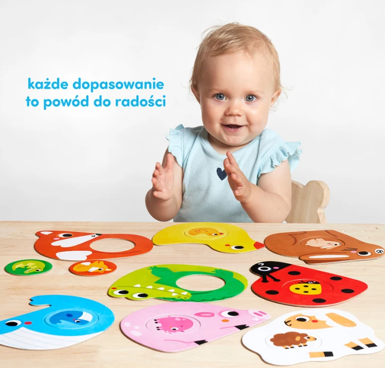 Duże, kolorowe elementy puzzli CzuCzu z ilustracjami zwierząt i ich maluszków
