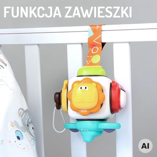 Zbliżenie na elementy do obracania i naciskania w kostce sensorycznej Woopie Baby