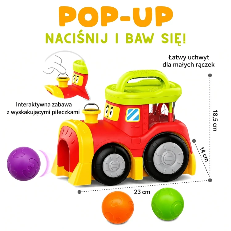 Kolorowe piłeczki z wypukłymi wzorami do zabawy z interaktywnym pociągiem Woopie Baby