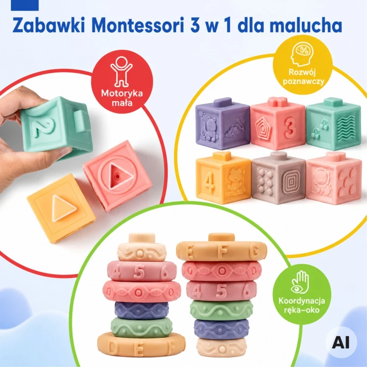 Kolorowe klocki sensoryczne Woopie Baby w dłoniach dziecka podczas zabawy