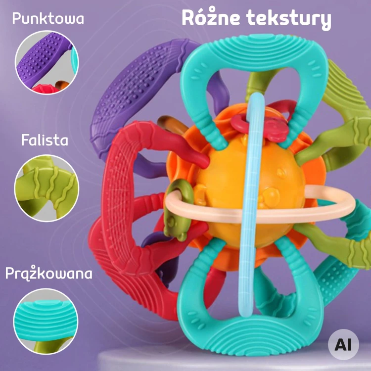 Zabawa niemowlaka z piłką sensoryczną Woopie Baby – kolorowe elementy i faktury do dotyku