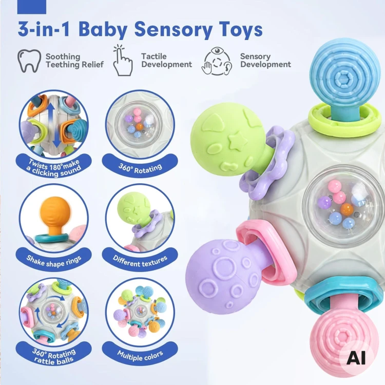 Kolorowe elementy zabawki sensorycznej Woopie Baby wspierające rozwój zmysłów