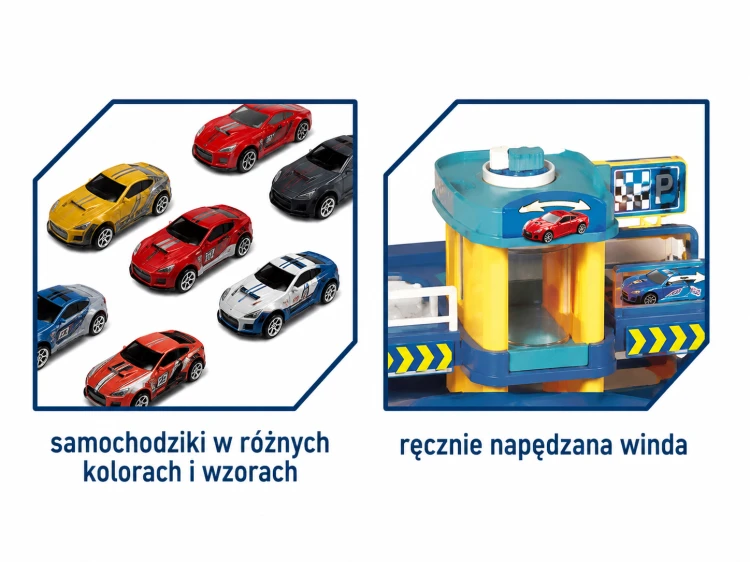 Widok z góry na wielopoziomowy garaż WOOPIE z krętymi torami do zjazdu