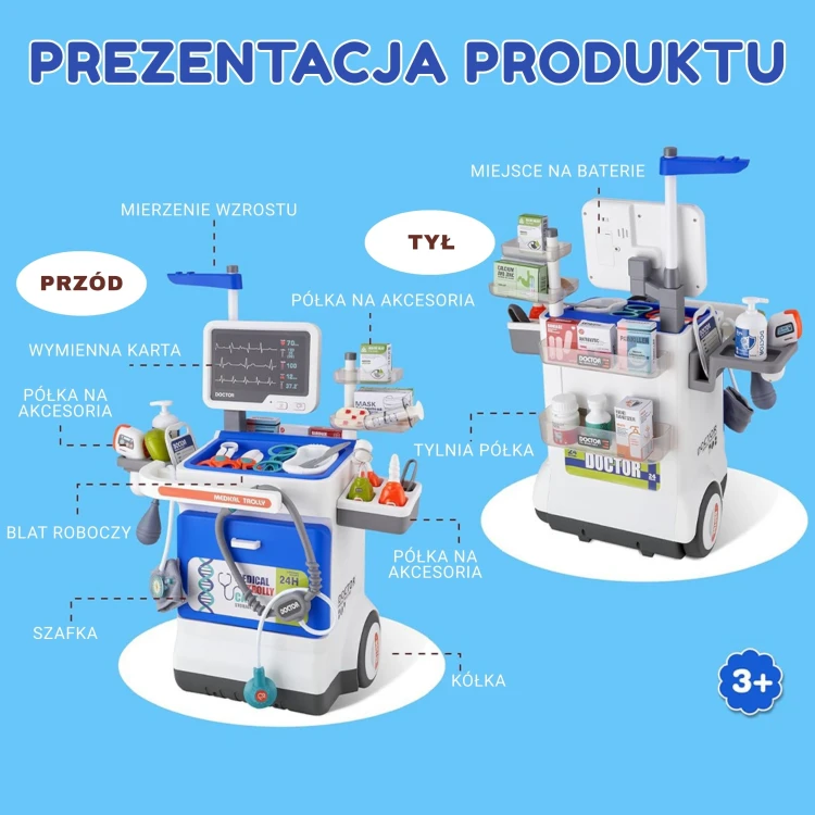 Widok z boku na zestaw lekarski WOOPIE - uchwyty i kółka