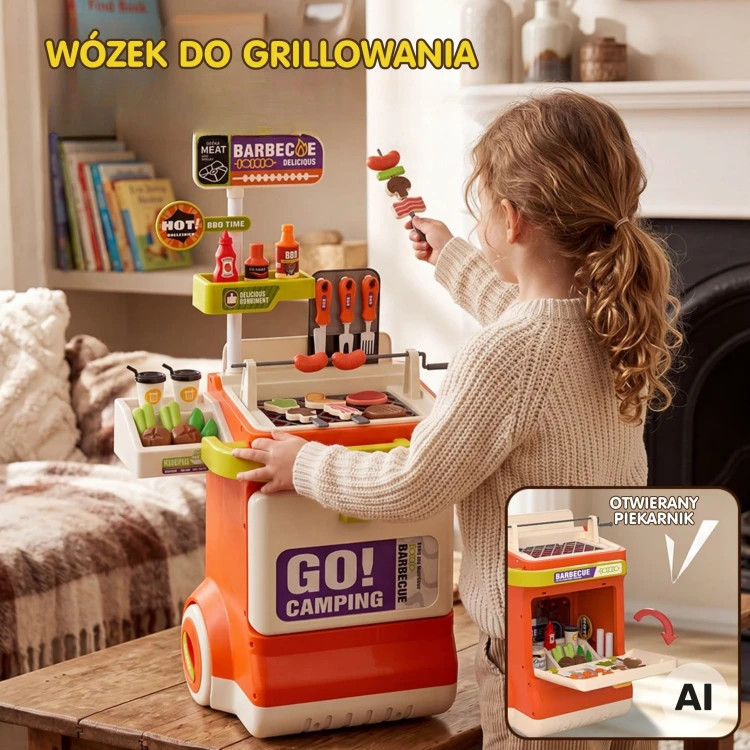 Dziecko bawiące się mobilnym wózkiem do grillowania WOOPIE na świeżym powietrzu