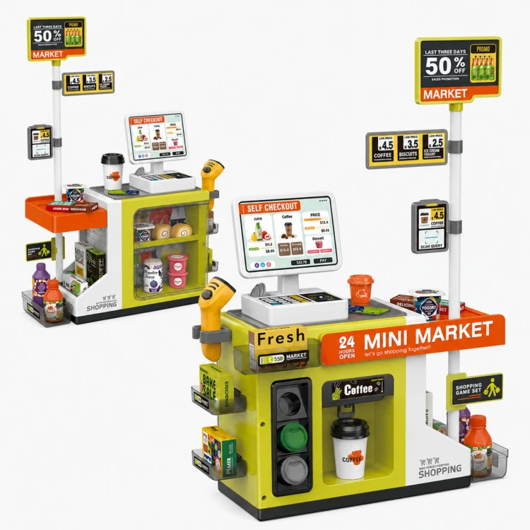 Tematyczne szyldy i cenniki do Mini Market WOOPIE podkreślające charakter sklepu