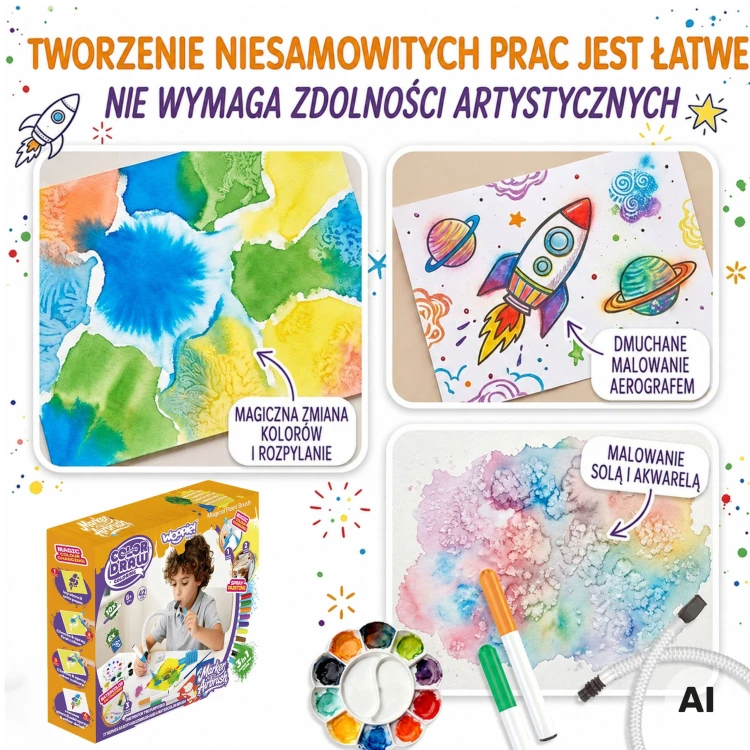 Szczegółowy widok akcesoriów zestawu kreatywnego WOOPIE 3w1 do malowania