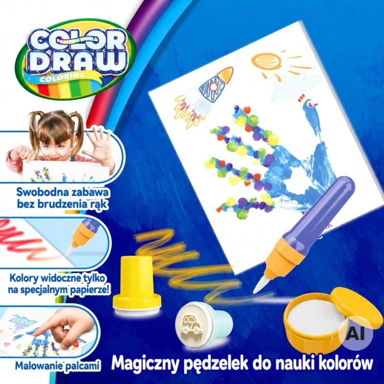 Dziecko rysujące magicznym pędzlem na specjalnym papierze zestawu WOOPIE