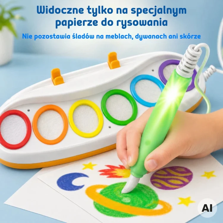 Dziecko malujące światłem za pomocą pędzla LED na specjalnym papierze WOOPIE