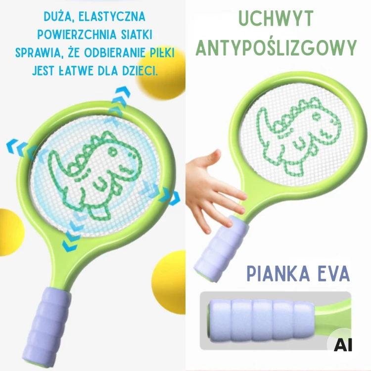 Zbliżenie na miękki uchwyt rakietki WOOPIE wykonany z materiału EVA, zapewniający antypoślizgowość