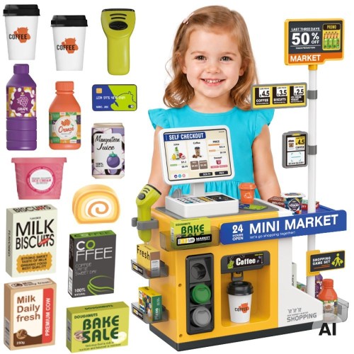 Interaktywny Mini Market WOOPIE z kasą samoobsługową i skanerem kodów kreskowych