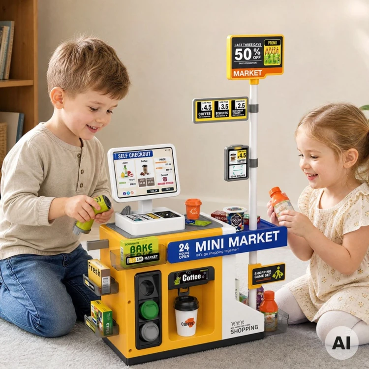 Mini Market WOOPIE - stoisko z obrotowym panelem kasy i akcesoriami do zabawy