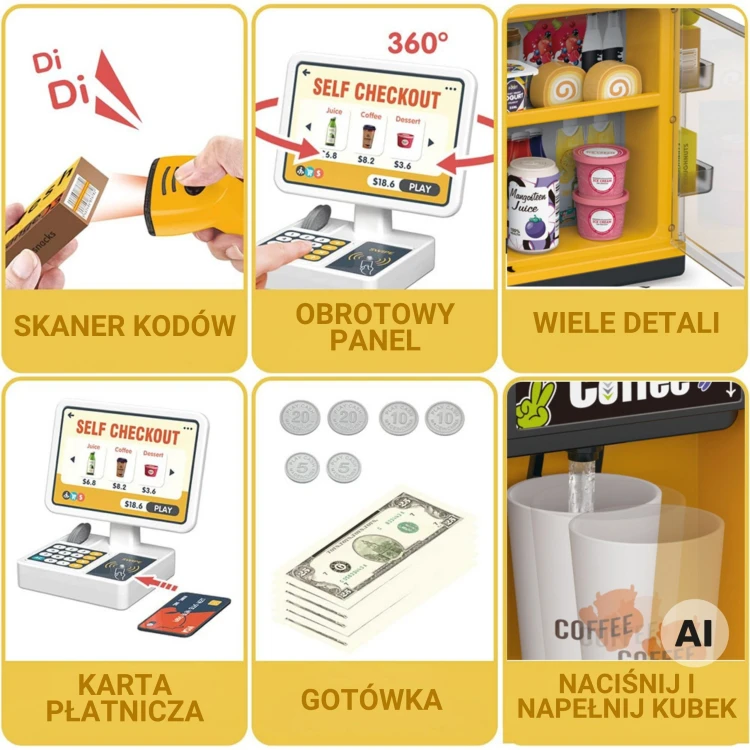 Produkty spożywcze w butelkach i puszkach na półkach Mini Market WOOPIE