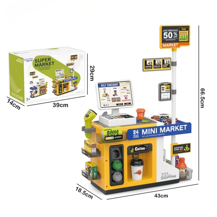 Widok na pojemne półki i szafki w Mini Market WOOPIE z kolorową grafiką